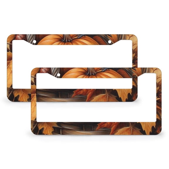 Birds Pumpkin Storage Bucket Fall Leaves Autum Harvest License Plate Frame 2 Pieces Fall Autumn Thanksgiving Harvest Car Tags Frames Holder for Women 2 Holes Metal License Plate Cover