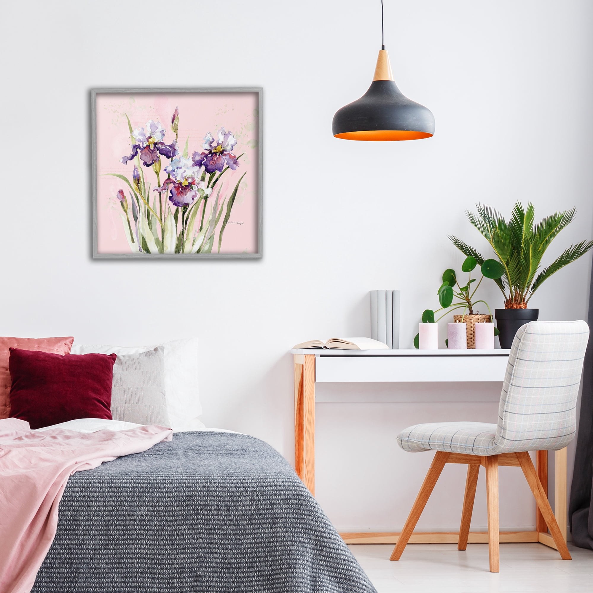 Stupell Industries Purple Irises on Pink Gray Framed Giclee Art, design by Susan Winget