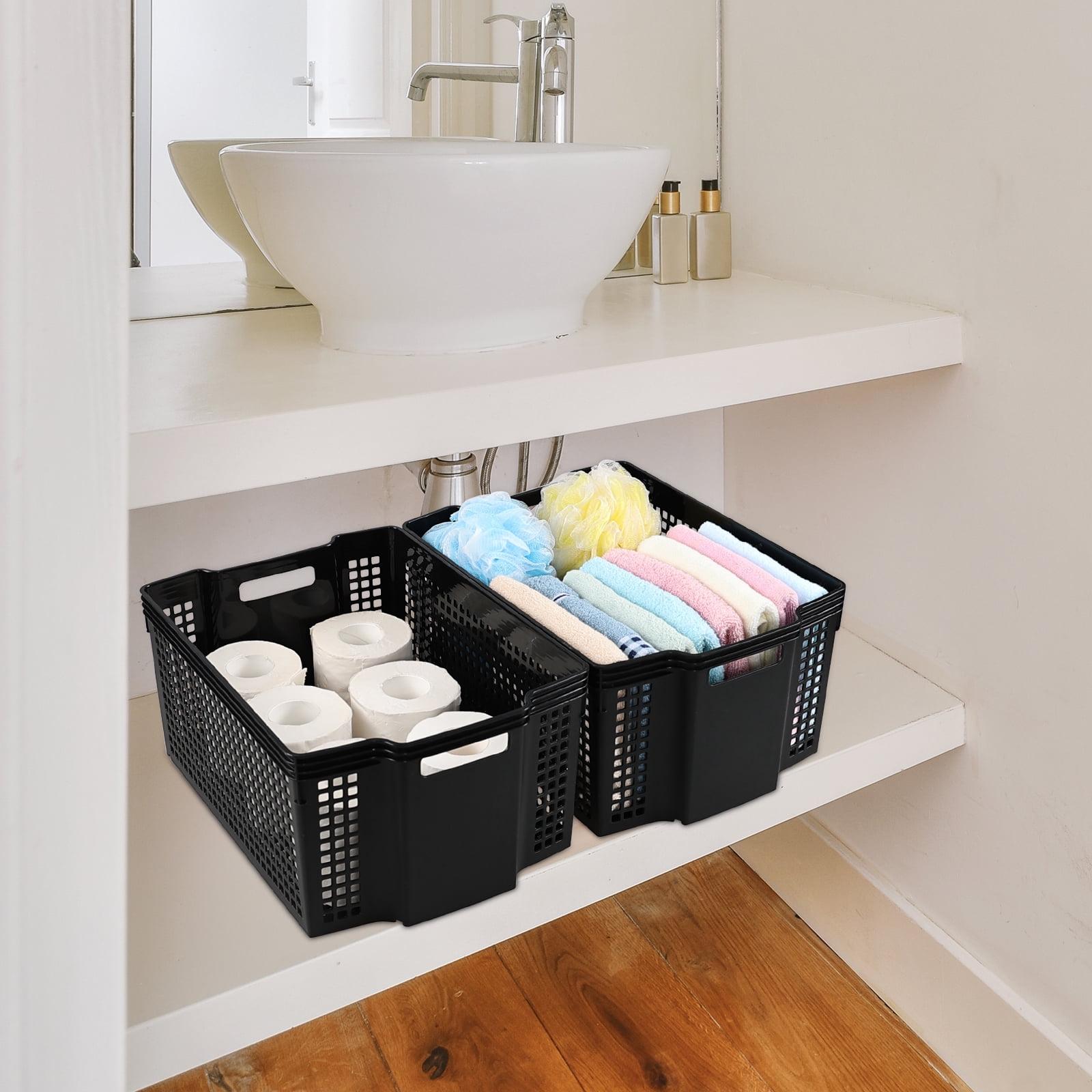 CadineUS 6-Pack Plastic Stackable Baskets with Handles, Rectangle Plastic Storage Basket, Black