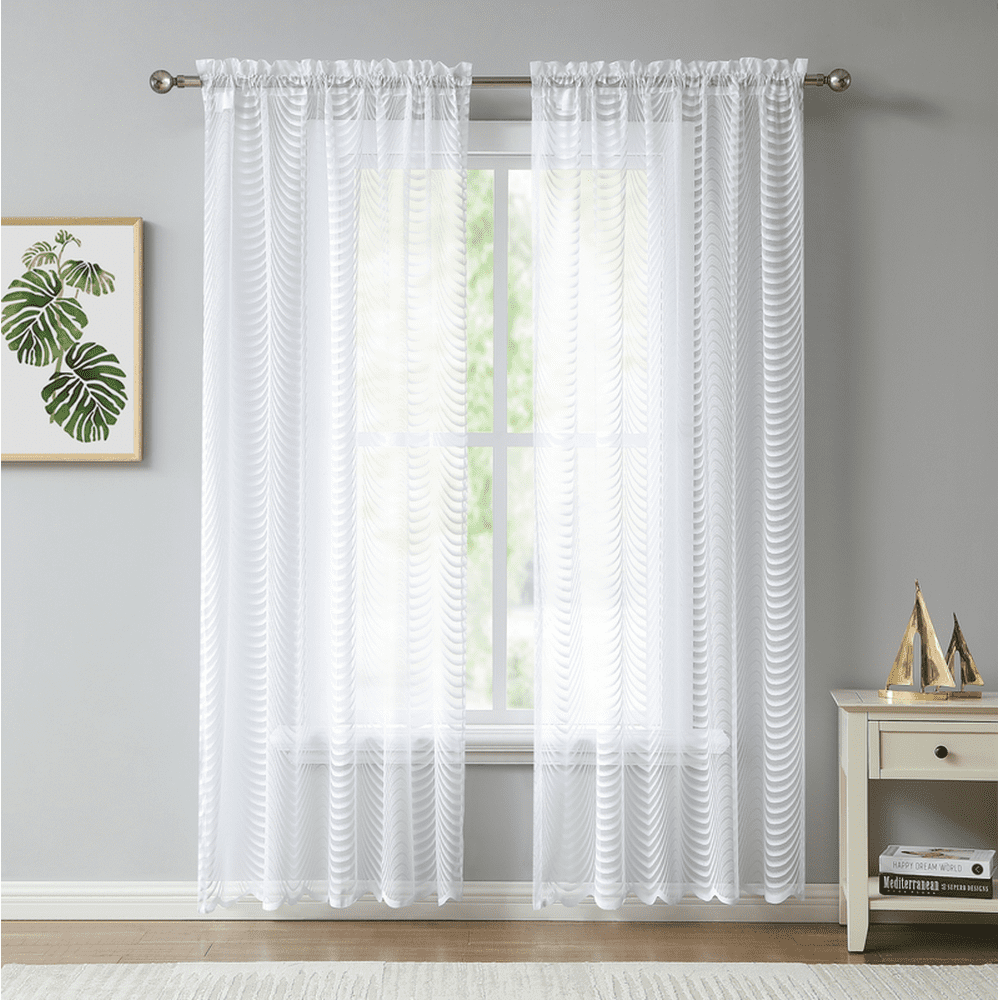 WAVE Lace Semi Sheer Curtains Set of Two Panels Rod Pocket Voile Curtain for Living Room