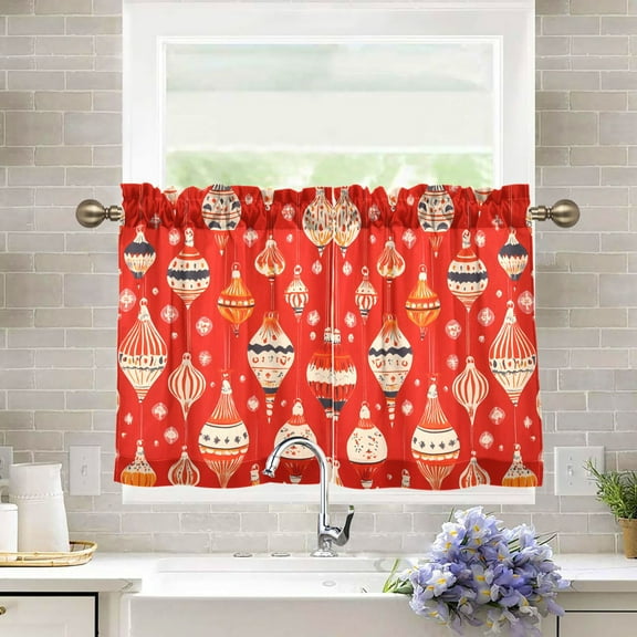 Yayeee Kitchen Curtains Tier Pair Light Filtering 27"x36" Rod Pocket Short Cafe Window Panel, Red Christmas Ornaments Pattern