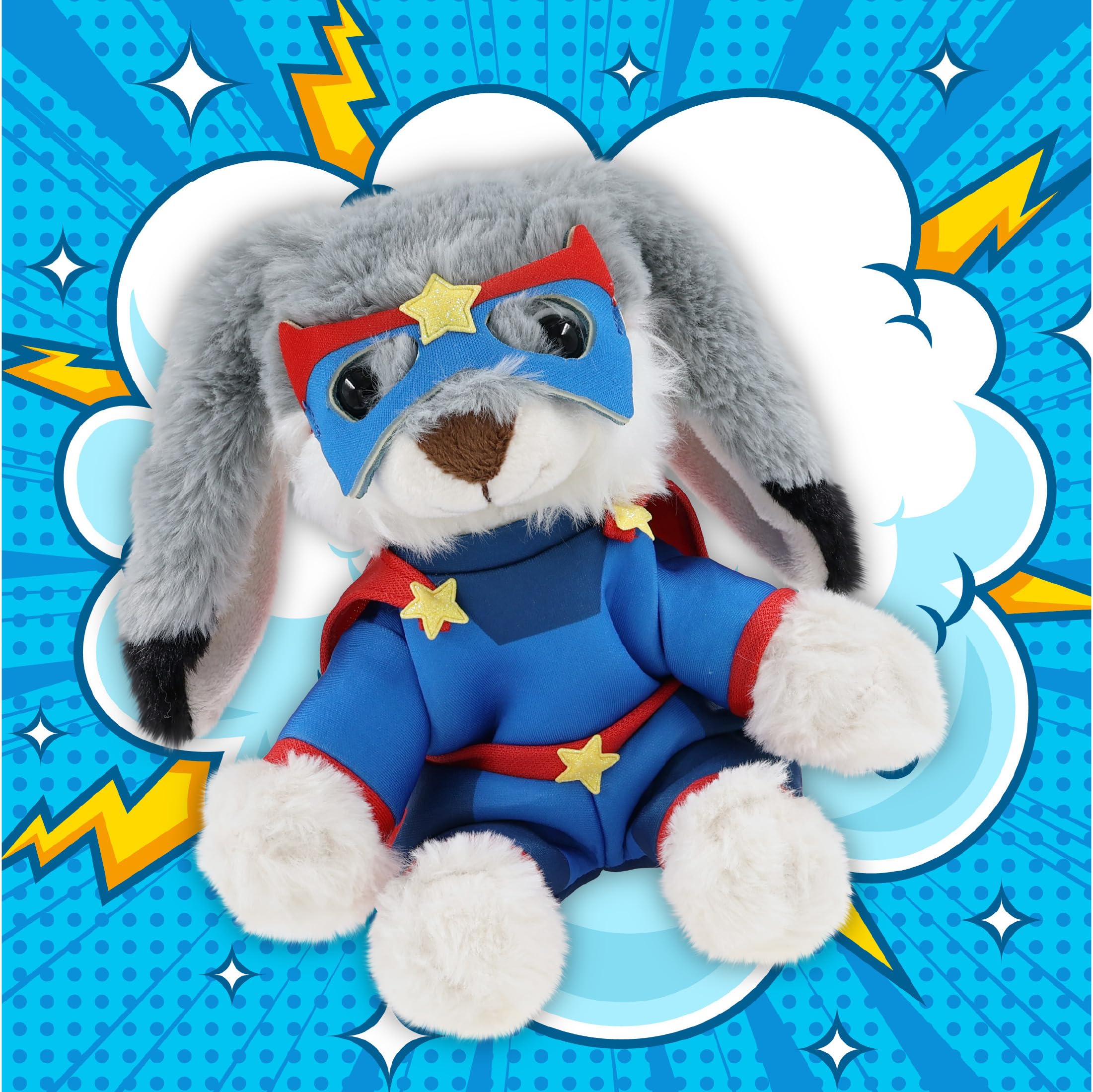 DolliBu Grey Rabbit Plush Stuffed Animal with Superhero Costume - Cute Farm Toy with Red Cape Blue Suit, Eye Mask - Super Hero Adventure Plush for Kids - 7 Inches