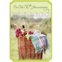 Designer Greetings Wicker Basket Holding Wine Bottle, Glasses and Flowers Our 50th : Fiftieth Wedding Anniversary Congratulations Card for Wife or Husband