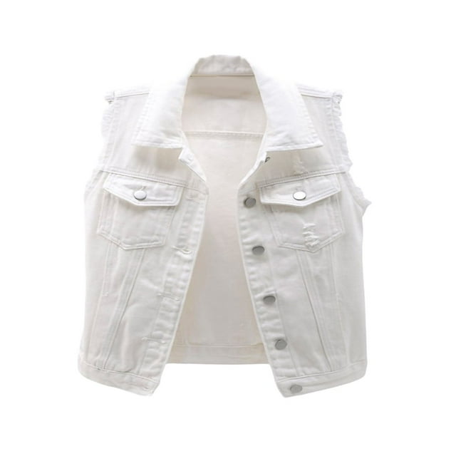 Women‘s Plus Size Crop Distressed Ripped Jean Vests Classic Sleeveless Jean Vest Jackets With Pockets
