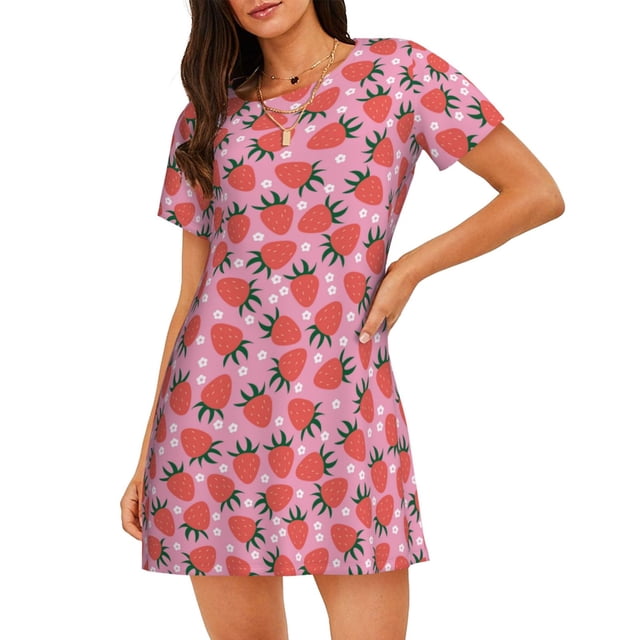 Fotbe Strawberry Bata de Dormir para Mujer con Estampado, Camisón de Algodón de Manga Corta, Ropa de Dormir Casual