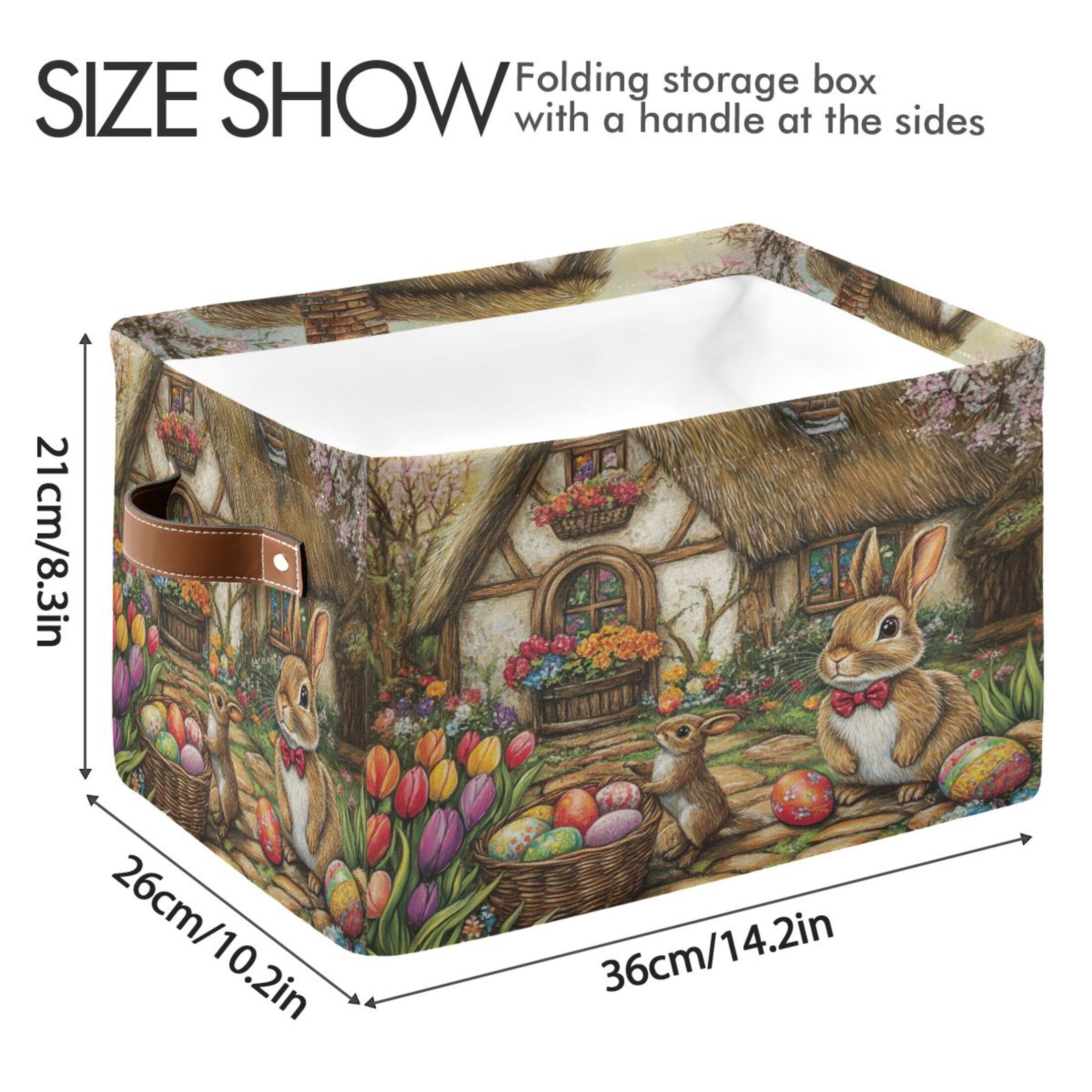 WOBOGO Easter Cozy Cabin Square Storage Basket with Waterproof Canvas and PE Lining Durable PU Leather Handles 14.2×10.2×8.3in
