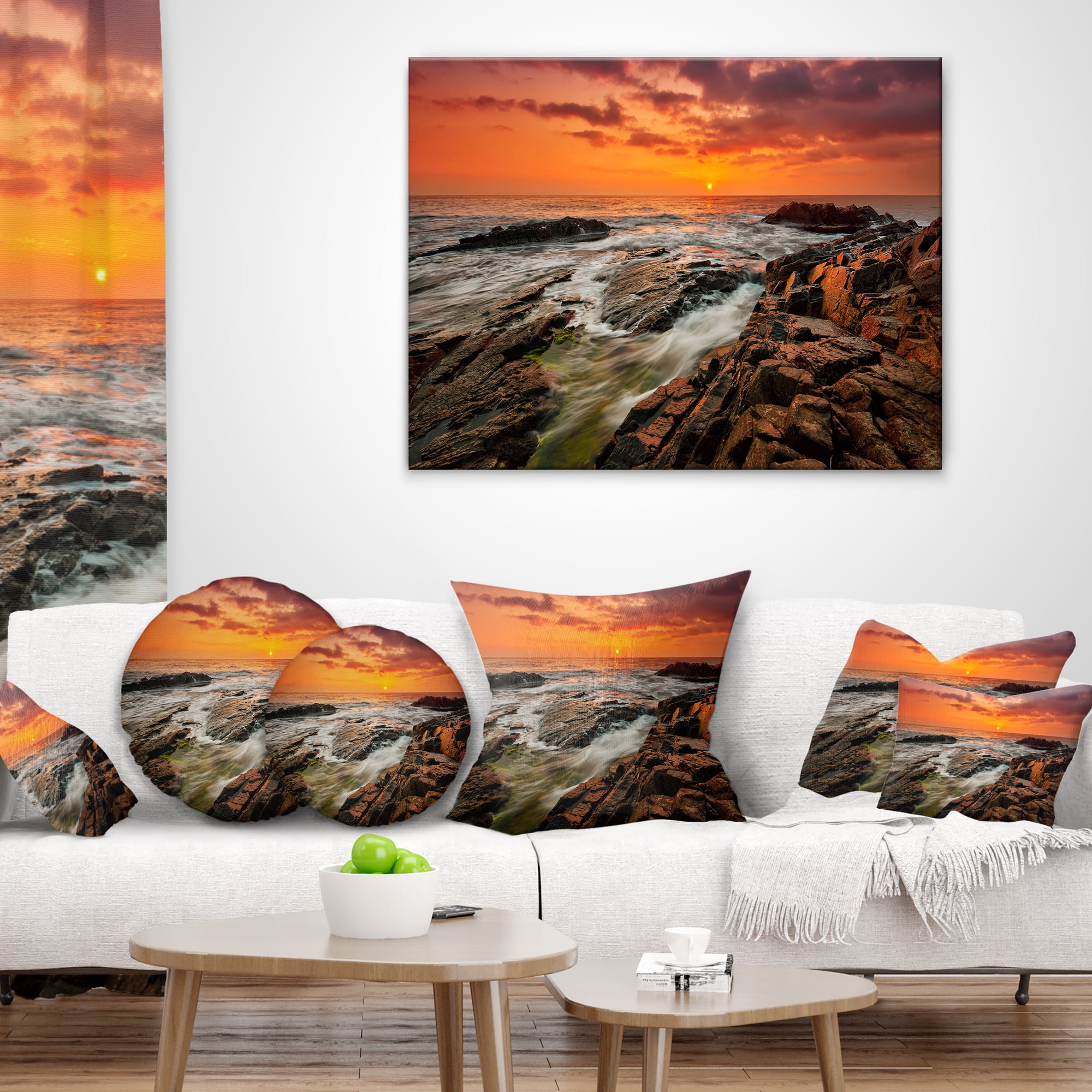 Designart Stormy Waves Rushing Into Rocks - Beach Photo Throw Pillow - 18x18