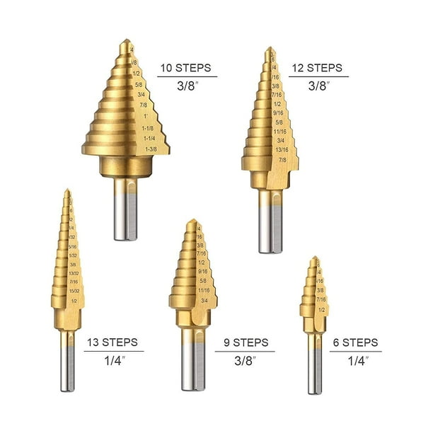 TACKLIFE 5PCS Titanium Step Drill Bit Set Automatic Center Punch PDH06A High Speed Steel Drill Bit Set 50 Sizes Double Cutting Blades Design