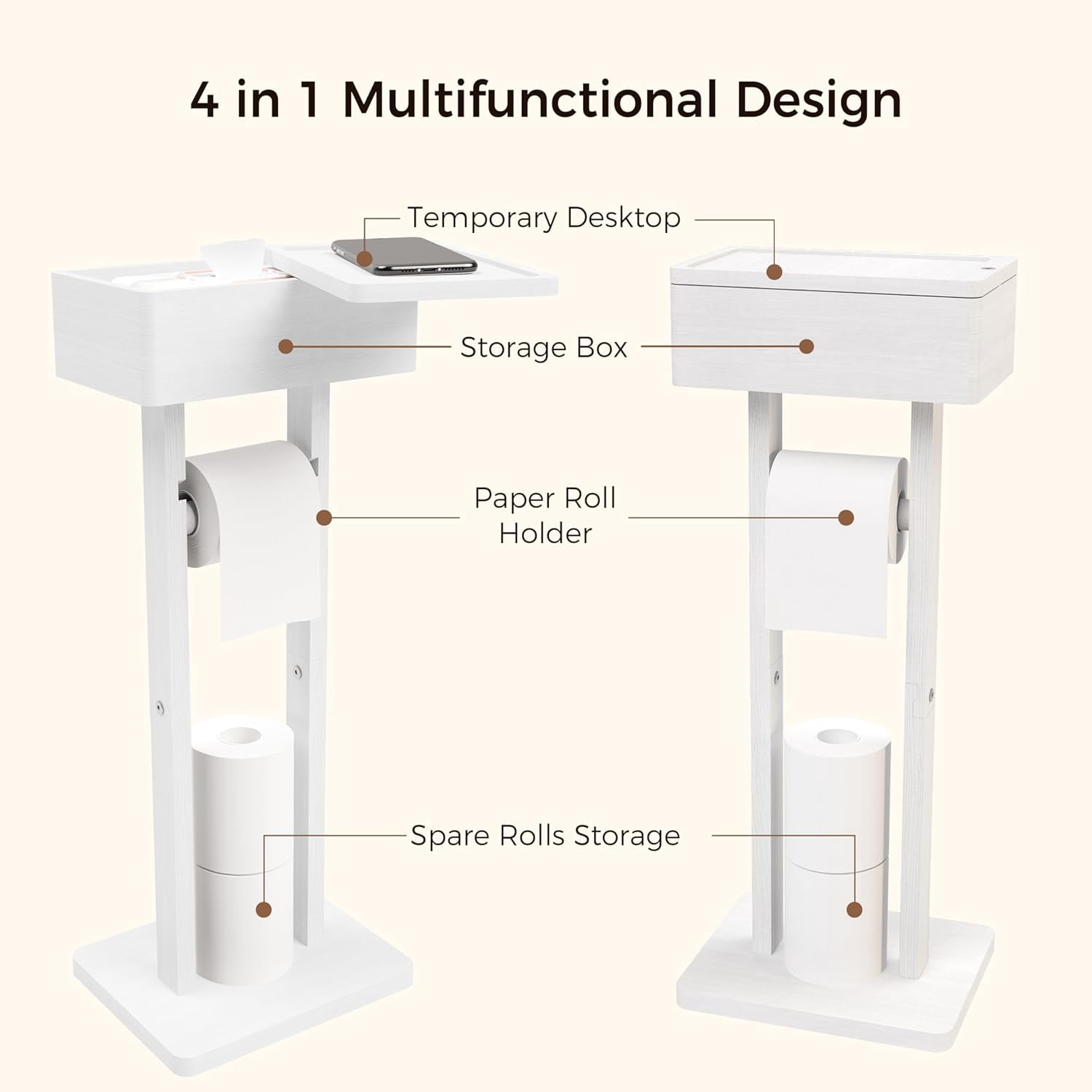 4-in-1 White Toilet Paper Holder Stand with Storage Shelf Box, Bamboo Free Standing Toilet Tissue Roll, Toilet Wipes Dispenser Organizer, Temporary Desktop for Bathroom (Patent Protection)