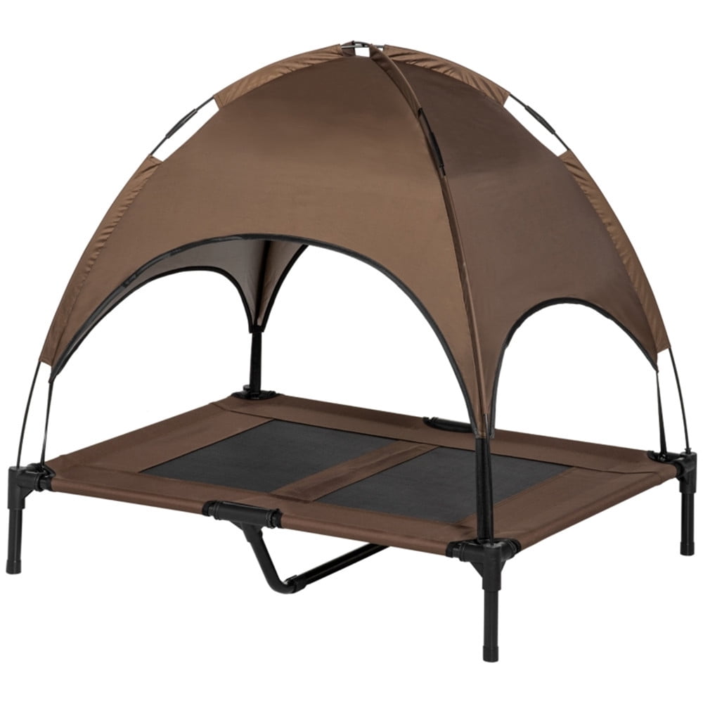 Outdoor Dog Bed with Removable Canopy, Raised Dog Cot with Anti-Slip Feet, Breathable Mesh for Indoor & Outdoor Use, Portable Cooling Pet Bed for Dogs Up to 66LBS, Coffee & Black