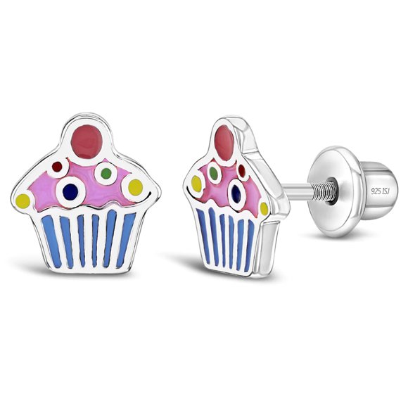 925 Sterling Silver Colorful Enamel Cupcake Screw Back Earrings for Young Girls
