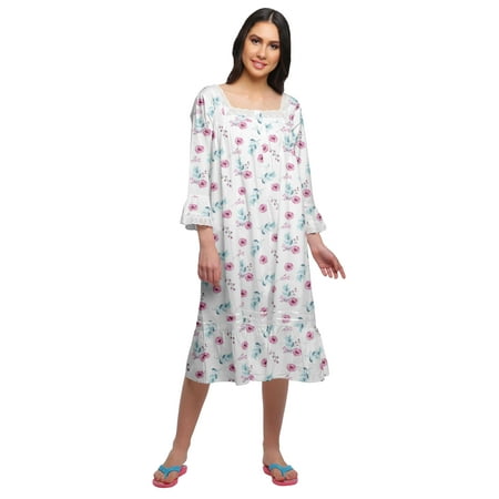 

Moomaya Printed Long Sleeve Ladies Nightdress Lace Neckline Nursing Nightwear