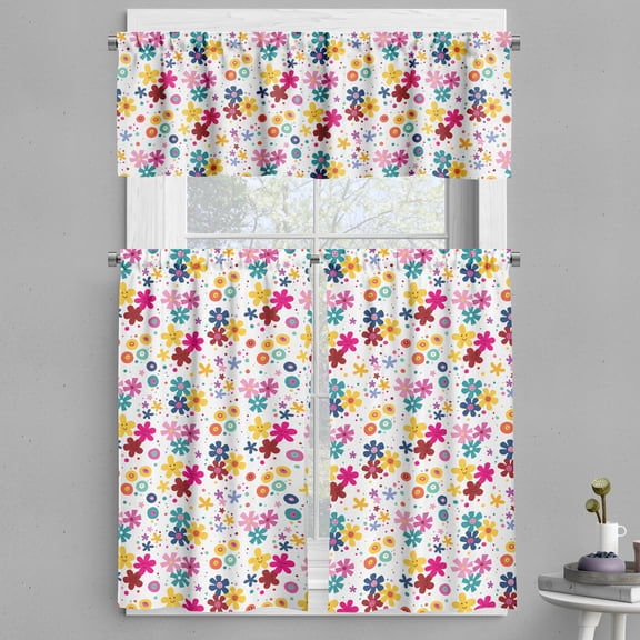 Ambesonne Floral Valance & Curtain, Faces Dots and Circles, 55"x30", Multicolor