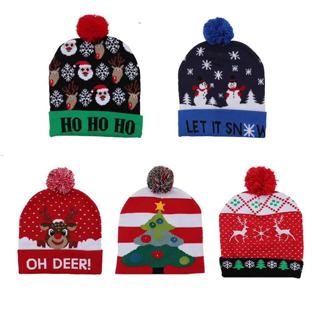 Light Up Christmas Hat LED Christmas Beanie, Cartoon Dog X-mas Knitted Hat for Adults and Kids New Year and X-mas Supplies Red