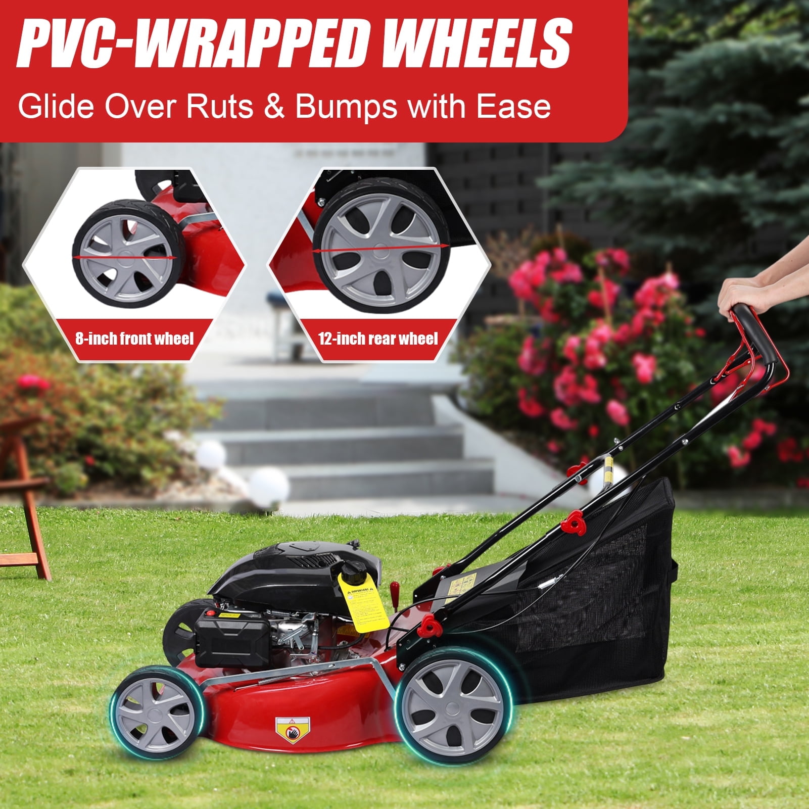 Fompes 20-Inch Gas Push Lawn Mower with 141 cc 4-Cycle Engine, 7-Position Dual Lever Height Adjustment Self Propelled Lawn Mower with 50L Grass Tank, Big Wheels