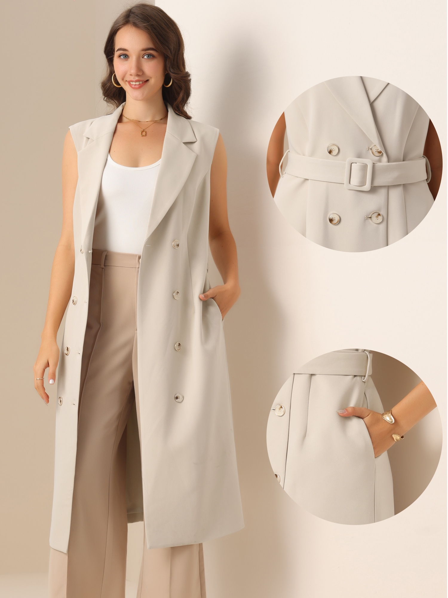 DARING DIVA Sleeveless Blazer Notched Lapel Double Breasted Dress M Apricot