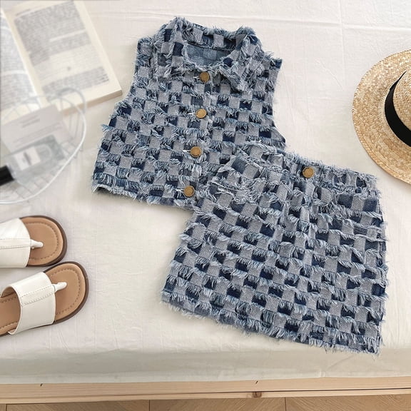 Toddler Girl Summer Outfits Summer Denim Sleeveless Vest with Fringe Skirt Two Piece Set Girls' Clothing Sets Blue 3-4T
