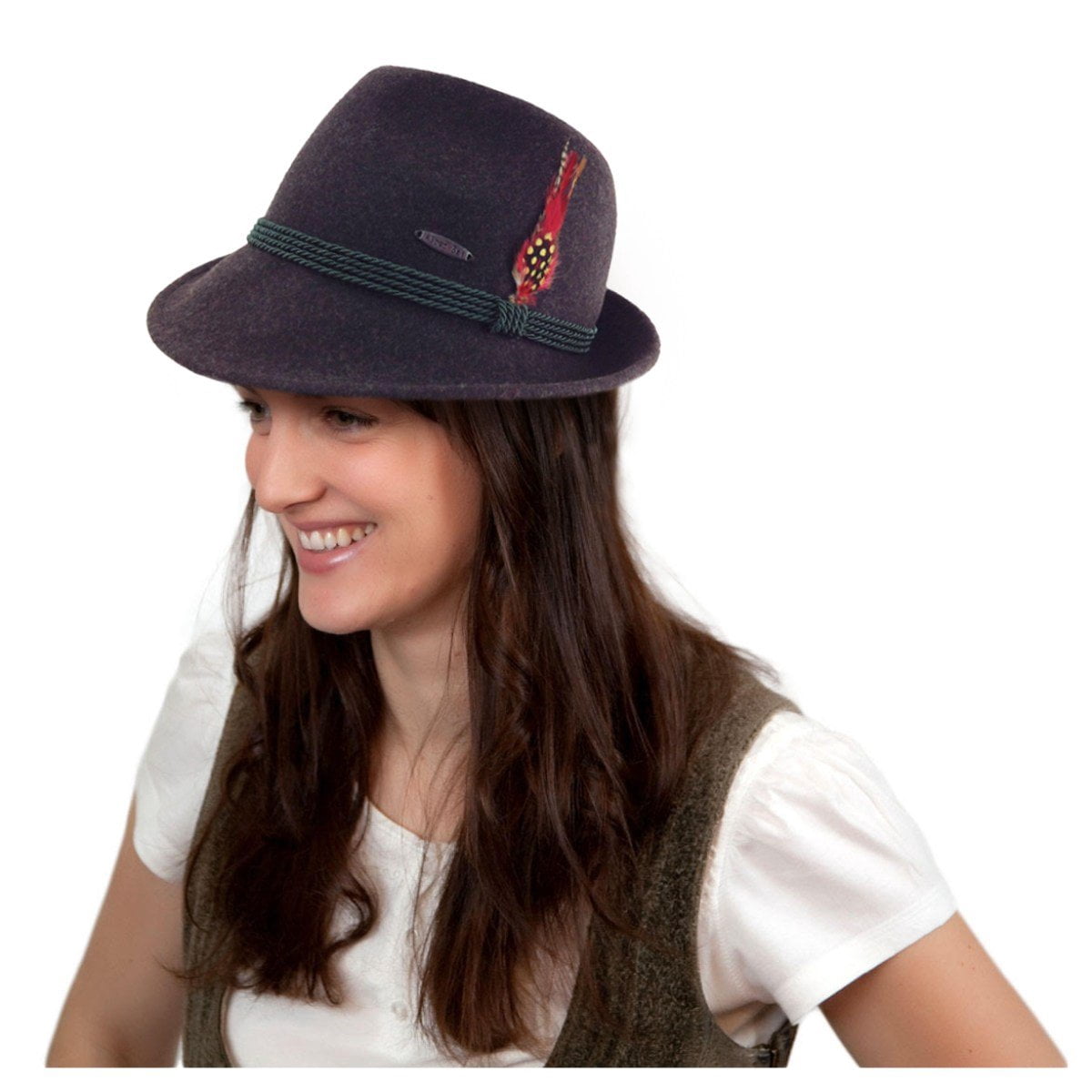 Oktoberfest Haus German Alpine Wool Brown Edelweiss Fedora Hat with Feather &  for Men & Women | L