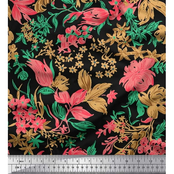 Soimoi Cotton Duck Fabric Leaves & Floral Artistic Print Sewing Fabric Yard 56 Inch Wide