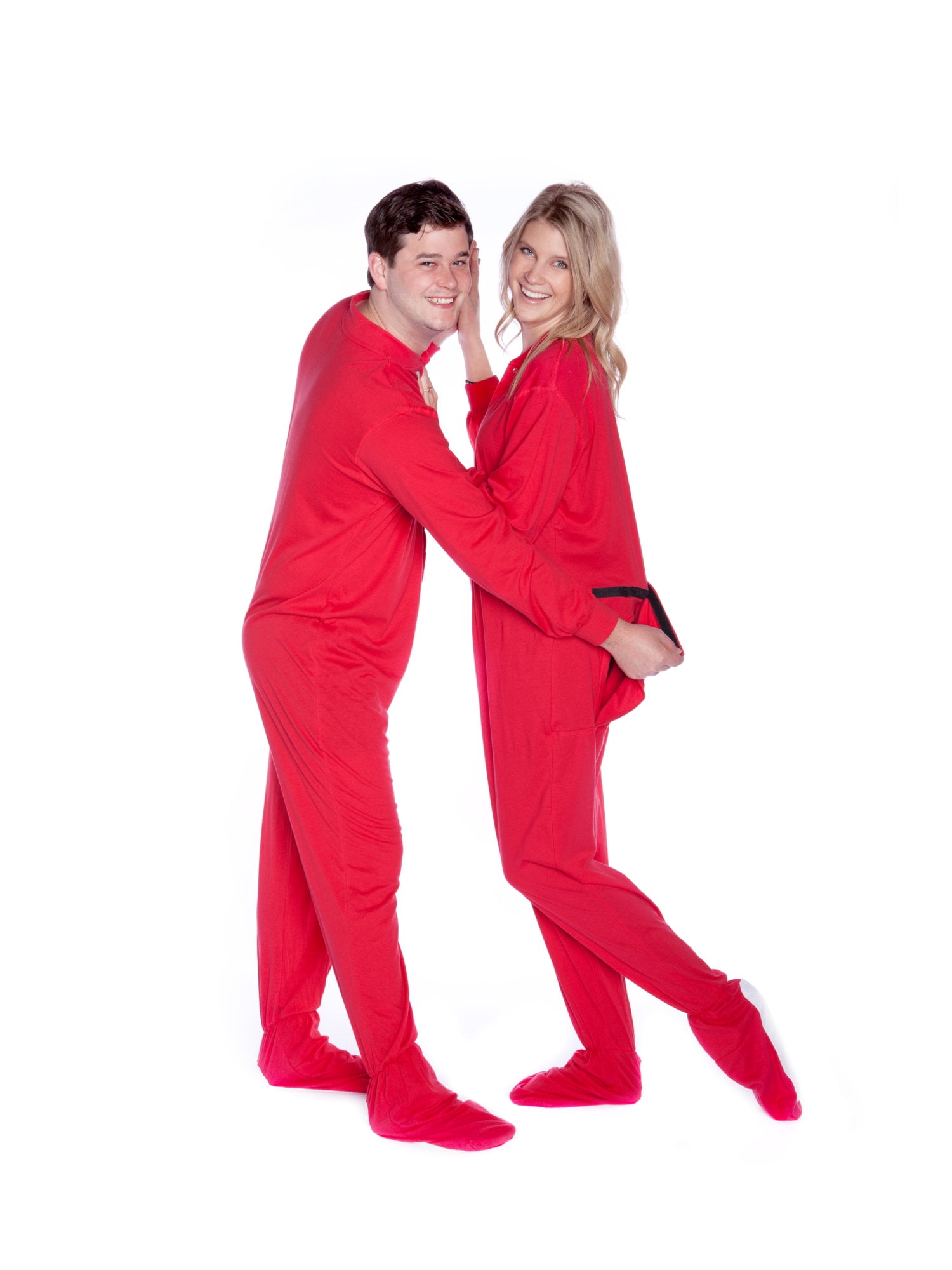 Red Cotton Jersey Knit Adult Footed Pajamas Sleeper W Drop Seat