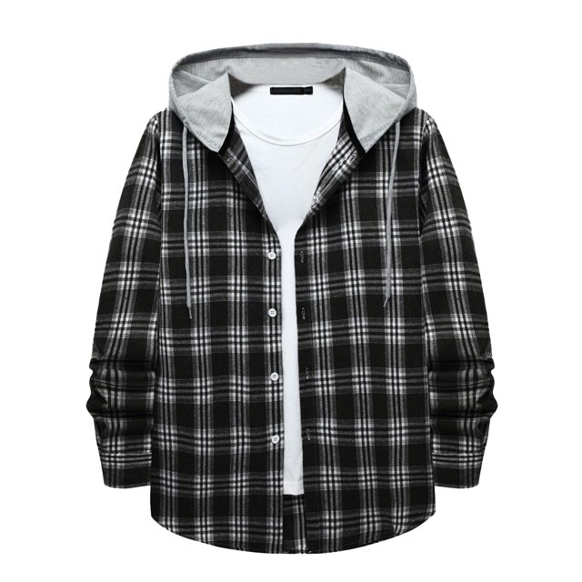 Men's Plaid Shirt Hooded Button Sweatshirt Men's Casual Fashion SweatshirtM