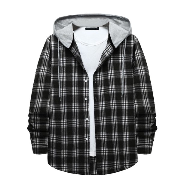 Men's Plaid Shirt Hooded Button Sweatshirt Men's Casual Fashion Sweatshirt2XL