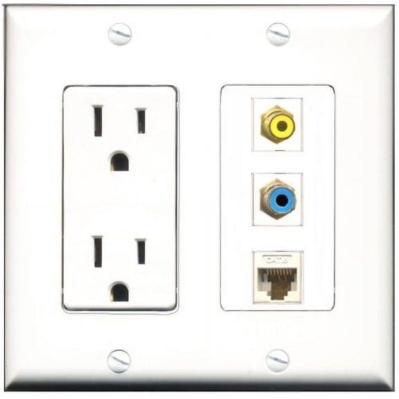 RiteAV - 15 Amp Power Outlet 1 Port RCA Yellow 1 Port RCA Blue 1 Port Cat6 Ethernet Ethernet White Decorative Wall Plate