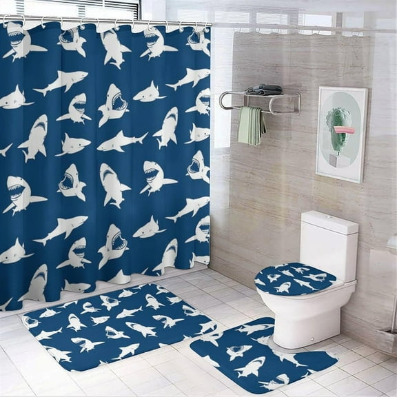 Great White Shark 4Pcs Shower Curtain Set Washable Bathroom Sets with Toilet Lid Cover and Non-Slip Rug Bath Accessories Decor