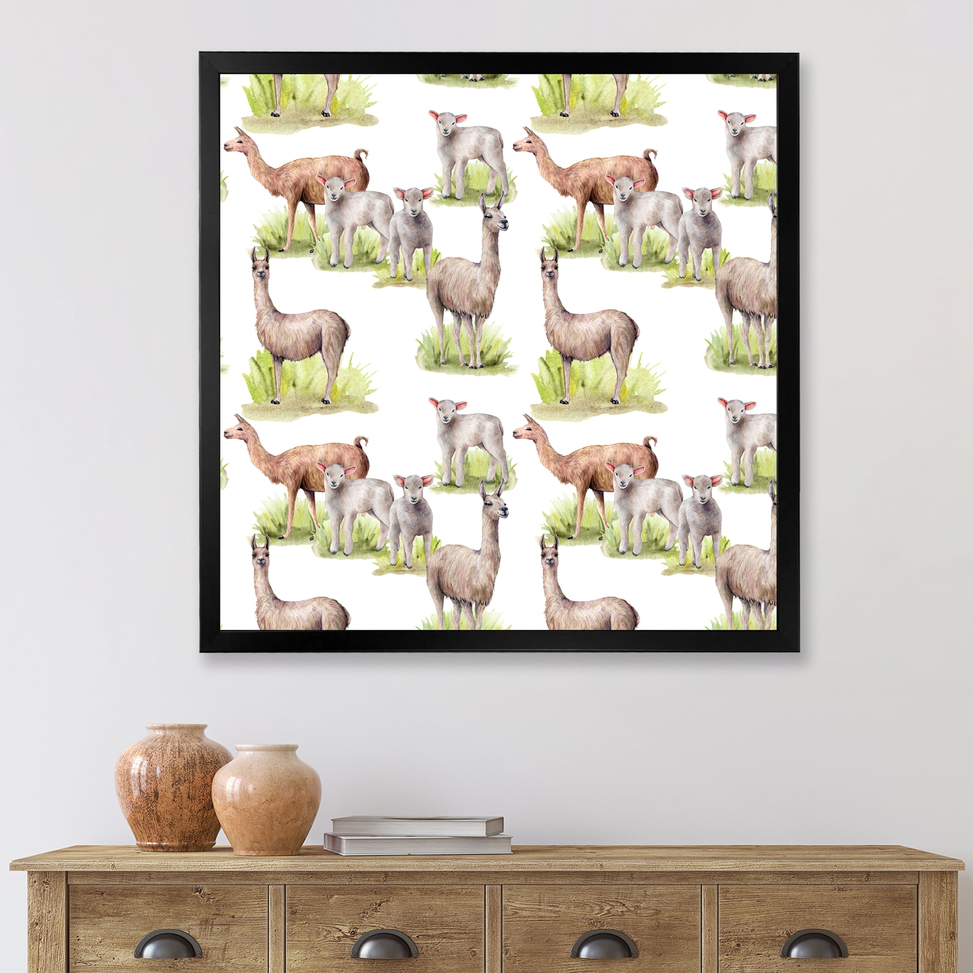 Designart 'Lambs and Lamas On A Green Meadow' Farmhouse Framed Art Print