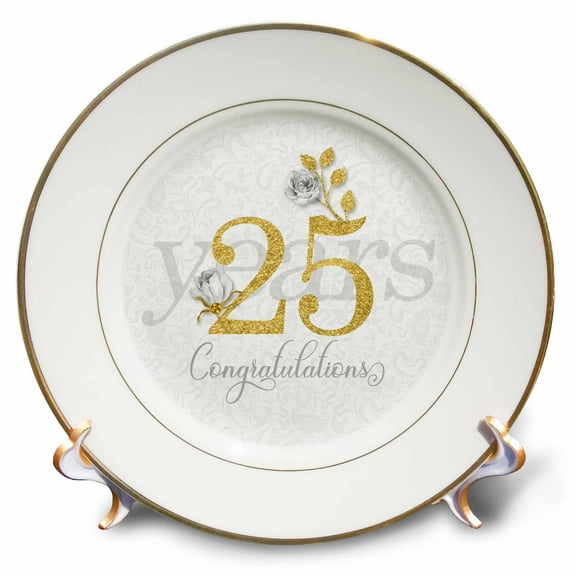 3dRose, Silver Anniversary of 25 Years in Silvery Hues Golden Text and Roses, 8 inch Porcelain Plate
