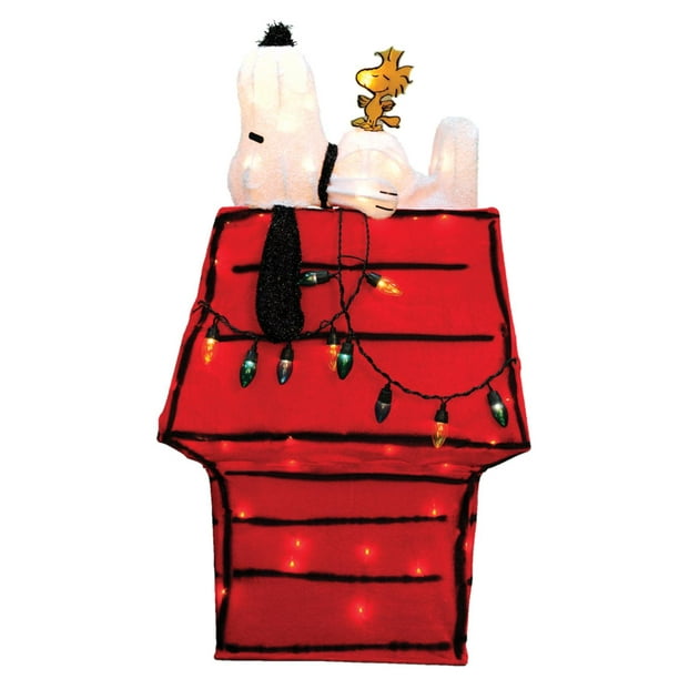 35&quot; Pre-Lit Peanuts Snoopy &amp; Woodstock Dog House Christmas Yard Art