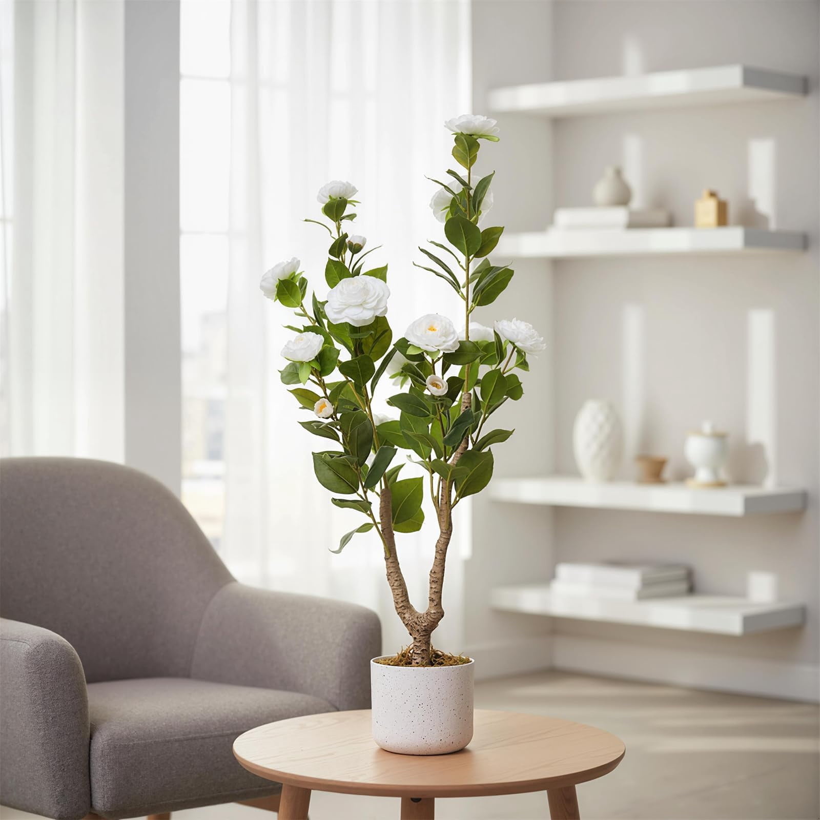 3FT Artificial Camellia Tree, Realistic Faux Plant in Pot with Flowers, Artificial Plants for Spring Home Decor Outdoor Porch Front Door Decor 2 Pack