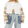 thumbnail image 2 of Women Denim Patchwork Jacket Button Down Distressed Cropped Denim Jacket Striped Pattern Long Sleeve with Pockets Streetwear, 2 of 8