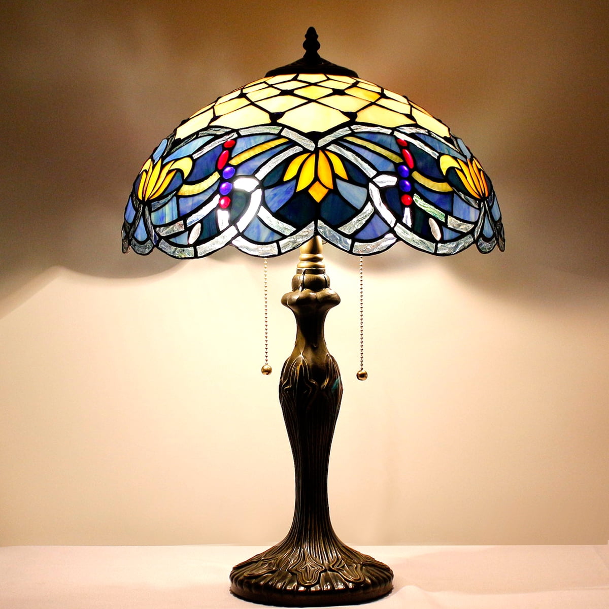 Tiffany Table Lamp Blue Lotus Stained Glass Style Shade Reading Light W16h24 Inch Tall S2 Lamps Parent Lover Friend Kid Living Room Bedroom Study Office Coffee Bar Desk Art Craft Gift
