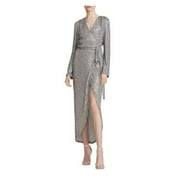 HALSTON Womens Silver Sequined Lined Tie Long Sleeve Surplice Neckline Full-Length Wrap Dress 6