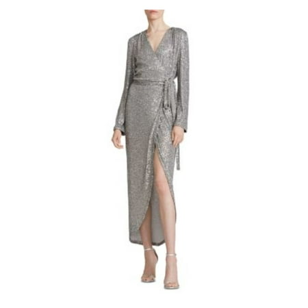HALSTON Womens Silver Sequined Lined Tie Long Sleeve Surplice Neckline Full-Length Wrap Dress 6