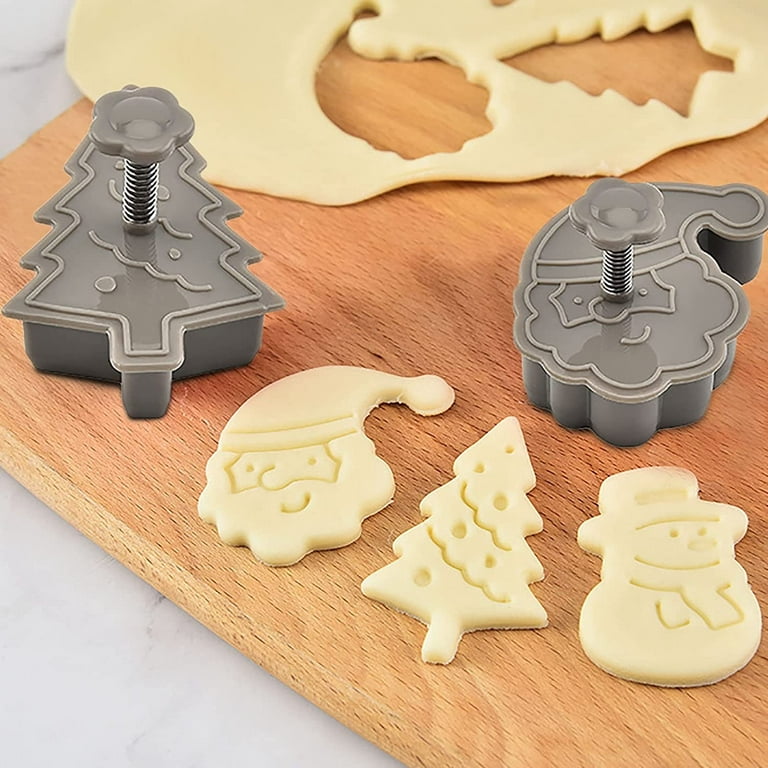 Christmas Cookie Cutter Set, 4pcs Christmas Cookie Molds with Spring-Loaded Handle, 3D Cookie Stamps, Cake Baking Biscuit Cutters for Decorations 
