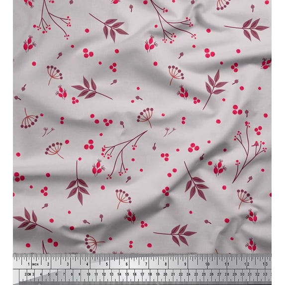 Soimoi Grey Cotton Duck Fabric Leaves & Berries Fruits Printed Fabric 1 Yard 56 Inch Wide