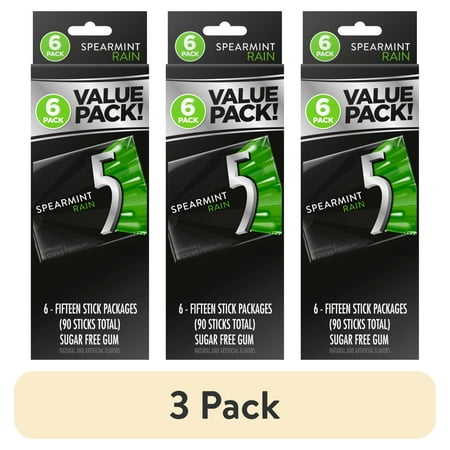 (3 pack) 5 Gum Spearmint Rain Sugar Free Chewing Gum - 15 Ct (6 Pack)