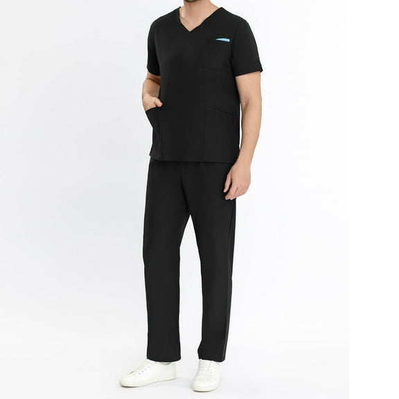LoyisVidion Unisex Short-Sleeve V-Neck Uniform Set for Healthcare Professionals Men Working Uniform Pocket Short Sleeve Blouse Long Pants Two-Piece Sets