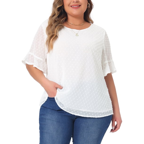 Blusa de puntos suizos para mujer de tallas grandes Agnes Orinda, camiseta casual de cuello redondo y mangas con volantes 2X blanca
