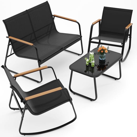 Noelse 4 Piece Patio Furniture Set, Textilene Conversation Set with 2 Rocking Chairs and Coffee Table, Perfect for Outdoor Patio Lawn Garden Poolside, Black
