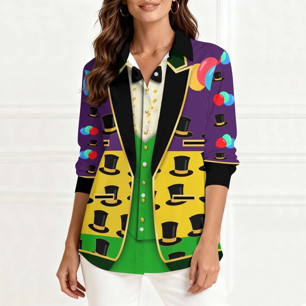TaTaai Ladies Mardi Gras Printed Long Sleeve Loose Casual Shirt Unisex Lapel Fashion Blouse Holiday Top for Daily Office Party Streetwear Spring Summer Wear Gift