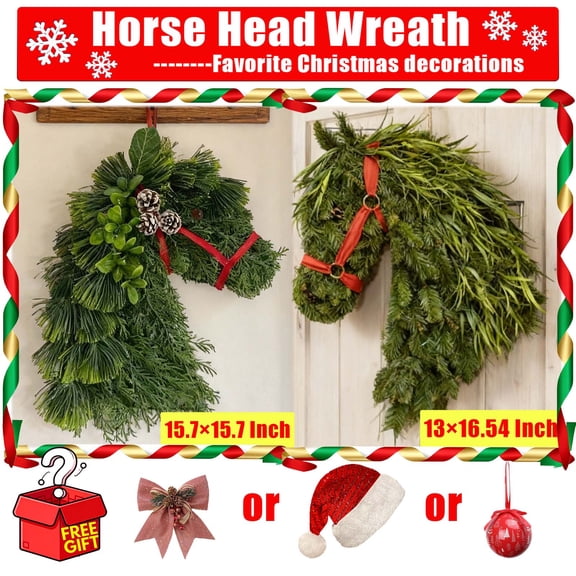Horse Head Wreath – Rustic Farmhouse Equestrian Door Decor, 40×40cm Handmade Horse Head Christmas Wreath, Horses Heads Wreaths for Front Door for Barn,Porch Holiday Home Decoration