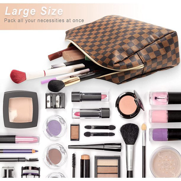 Checkered Travel Makeup Bag, Vegan Leather Large Retro Cosmetic