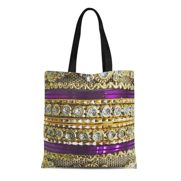 NUDECOR Canvas Tote Bag Girly Bling Beads Purple Silver Chic Rhinestones Gemstones Jewels Reusable Handbag Shoulder Grocery Shopping Bags
