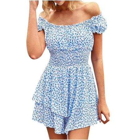 

LWZWM Womens Playsuit Shorts Short Sleeve Square Collar Romper Floral Print Casual Jumpsuits Summer Short Jumpsuit Hawaiian Romper for Women Sky Blue S