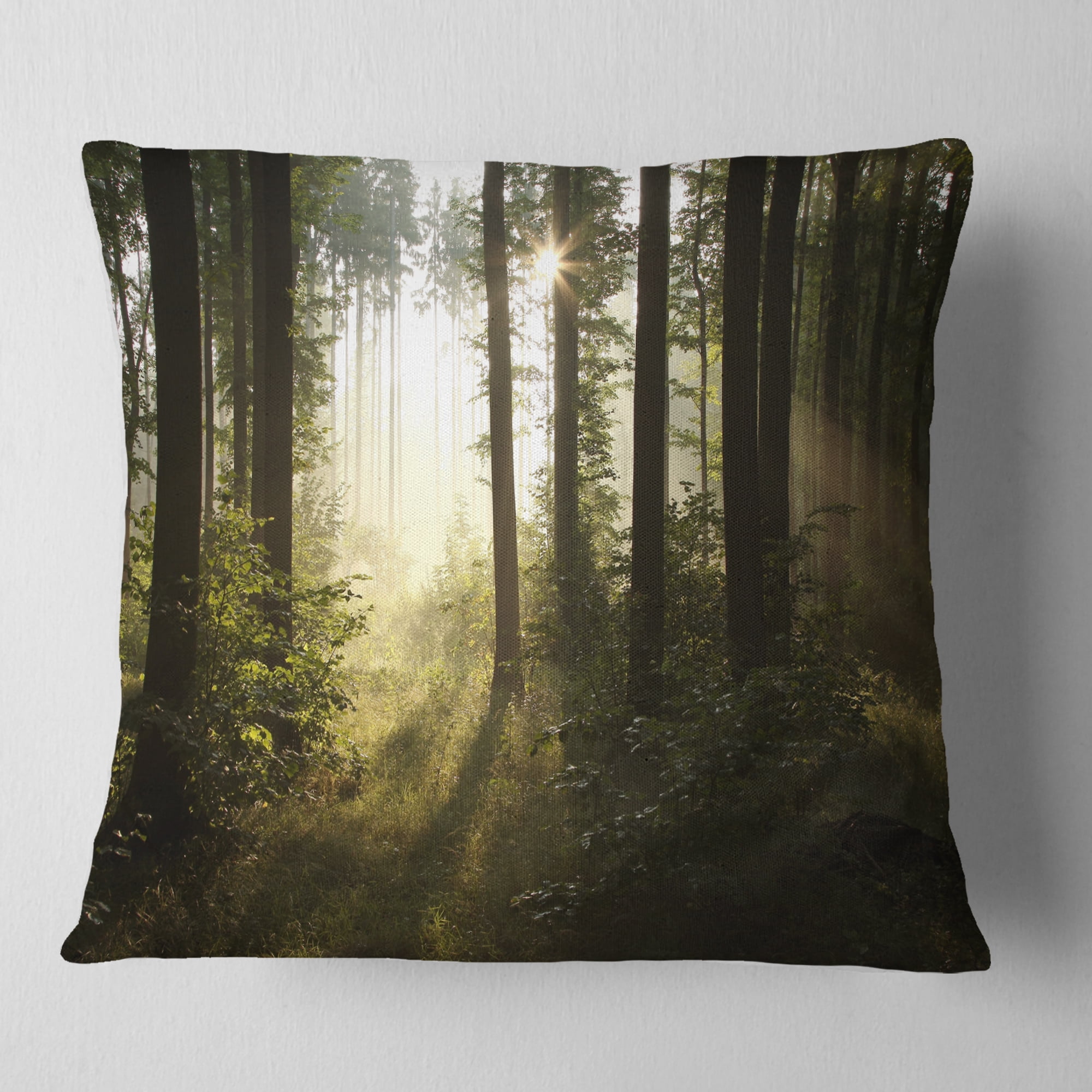 Designart Early Morning Sun in Misty Forest - Landscape Photography Throw Pillow - 16x16