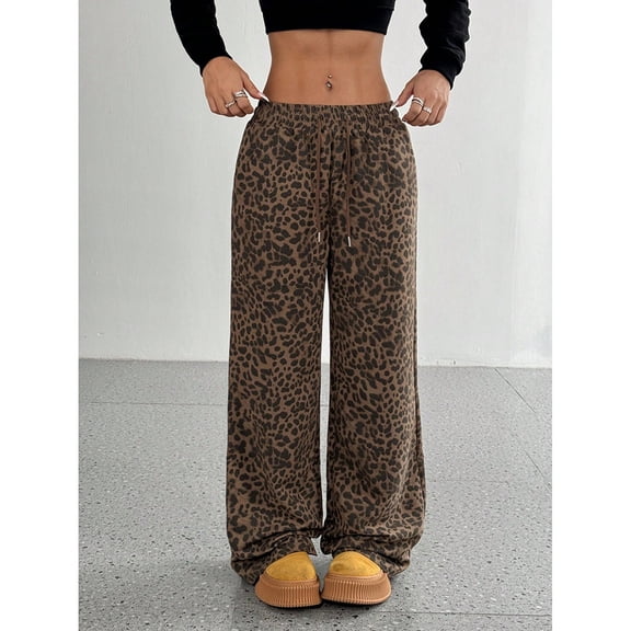 Pre-Owned Panan Women's Autumn Camo Striped Grid Leopard Print Drawstring High - Waisted Casual Loose Fit Wide Leg Trousers Athletic Pants