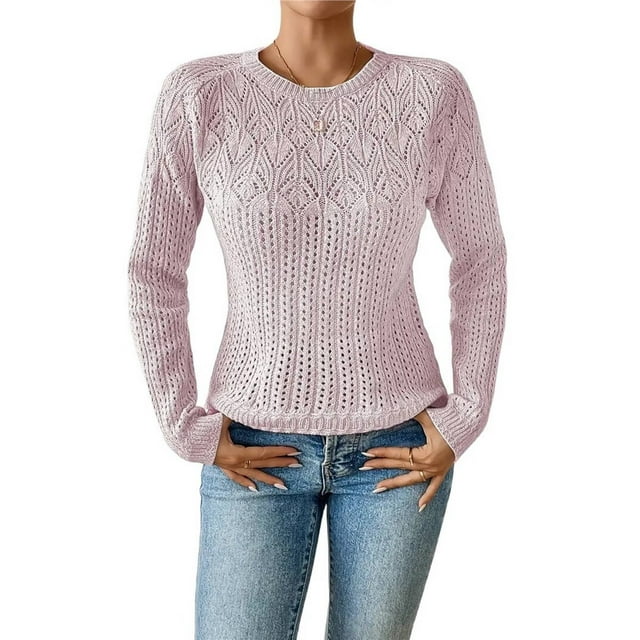 Suéteres de Punto Ligeros de Crochet con Cuello Redondo y Mangas Largas para Mujer Conjuntos de Otoño A Rosa S